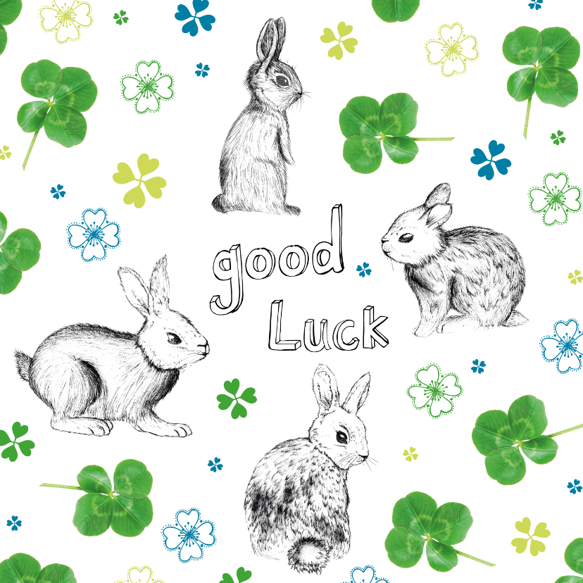 Wenskaarten - Good luck kaart met klavertjes en konijnen in groen en blauw