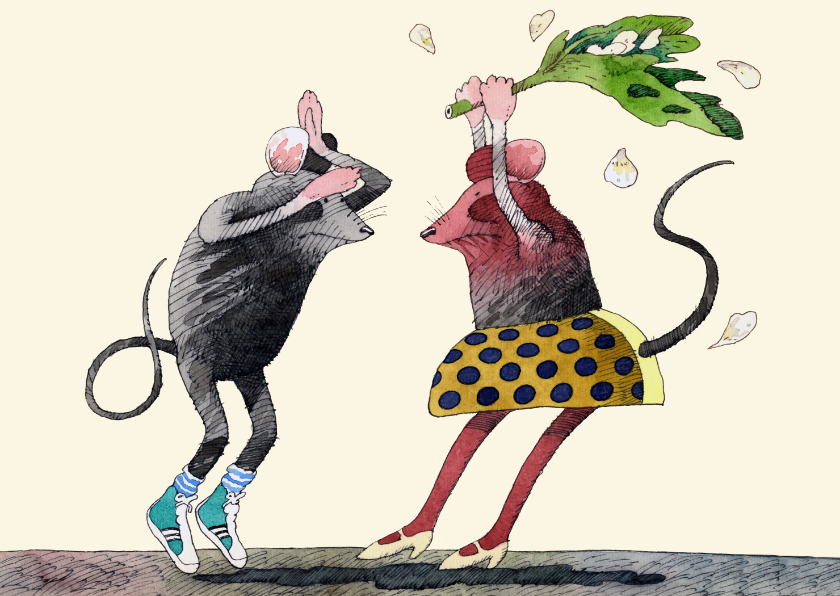 Grappige illustratie van ruziemakende muizen - Wenskaarten Wenskaarten - Grappige illustratie van ruziemakende muizen