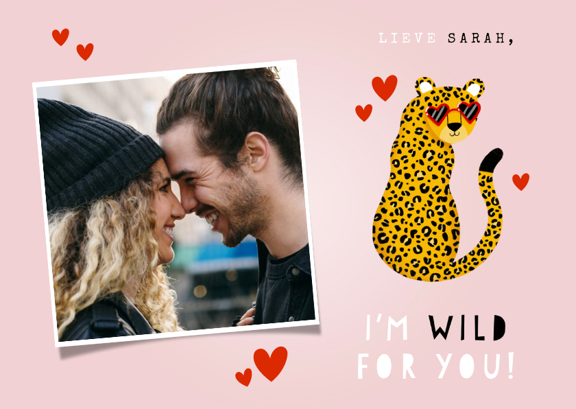 Grappige liefdekaart panter met zonnebril hartjes & foto - Wenskaarten Wenskaarten - Grappige liefdekaart panter met zonnebril hartjes & foto