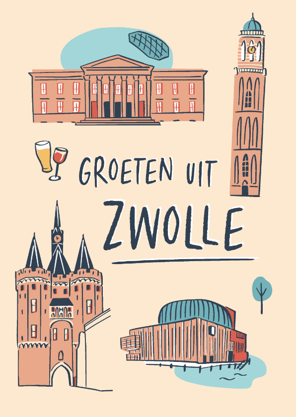 Wenskaarten - Groeten uit Zwolle stad illustraties