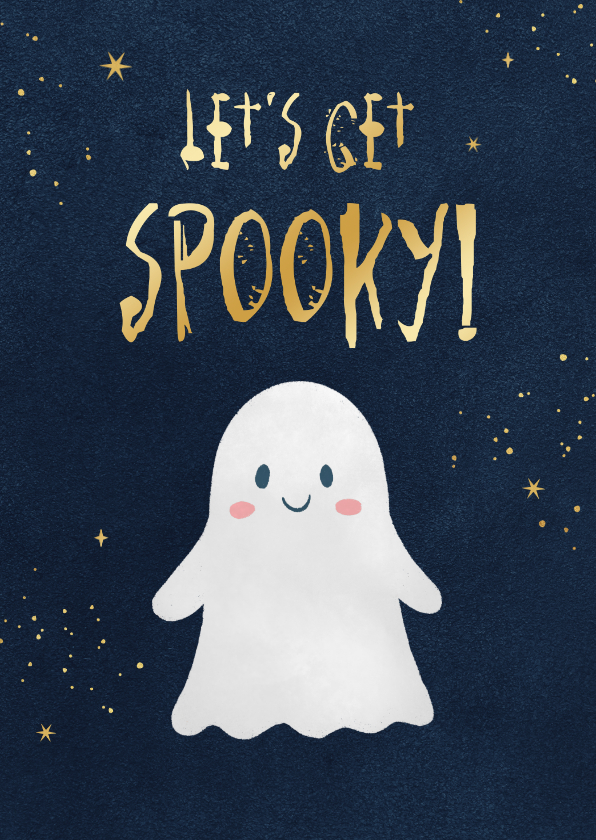 Halloweenkaart spook let's get spooky illustratie goud - Wenskaarten Wenskaarten - Halloweenkaart spook let's get spooky illustratie goud