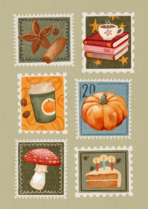 Herfst wenskaart met postzegels - Wenskaarten Wenskaarten - Herfst wenskaart met postzegels