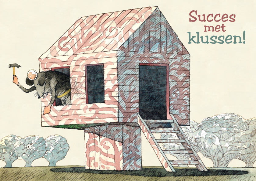 Wenskaarten - Kaart van een klussende muis die een huis timmert