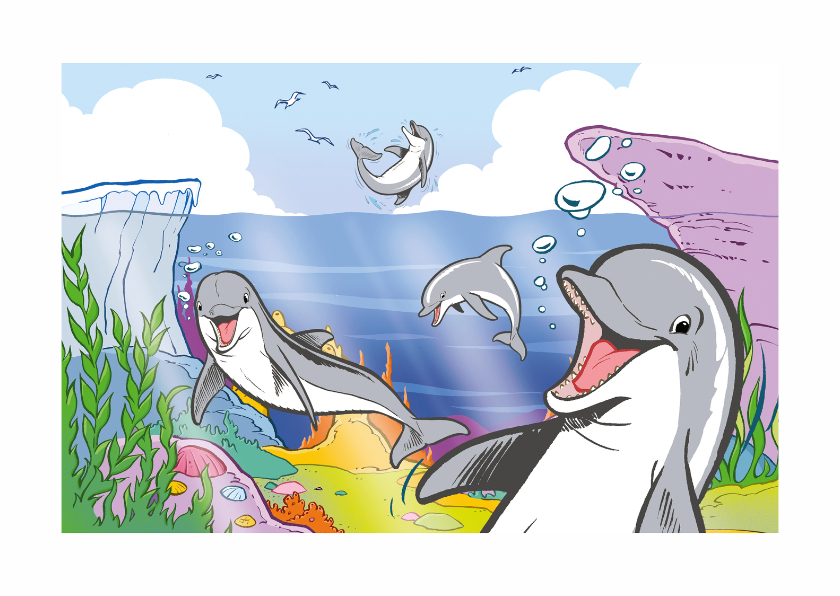 Wenskaarten - Kinderkaart Dolfijn met kleurplaat - A