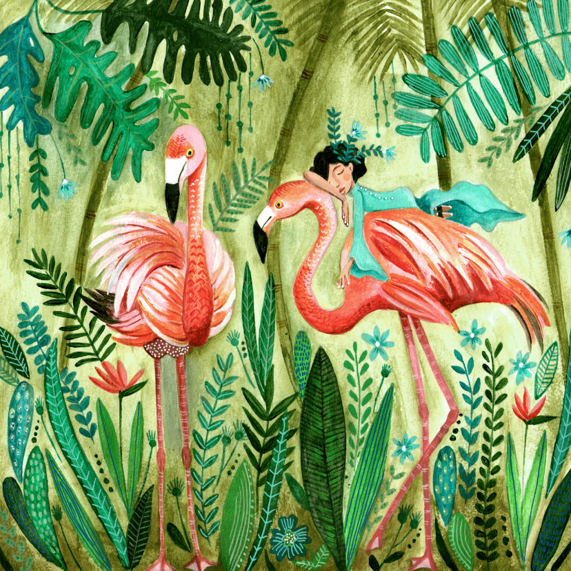 Wenskaarten - Kinderkaart flamingo meisje in een tropische jungle