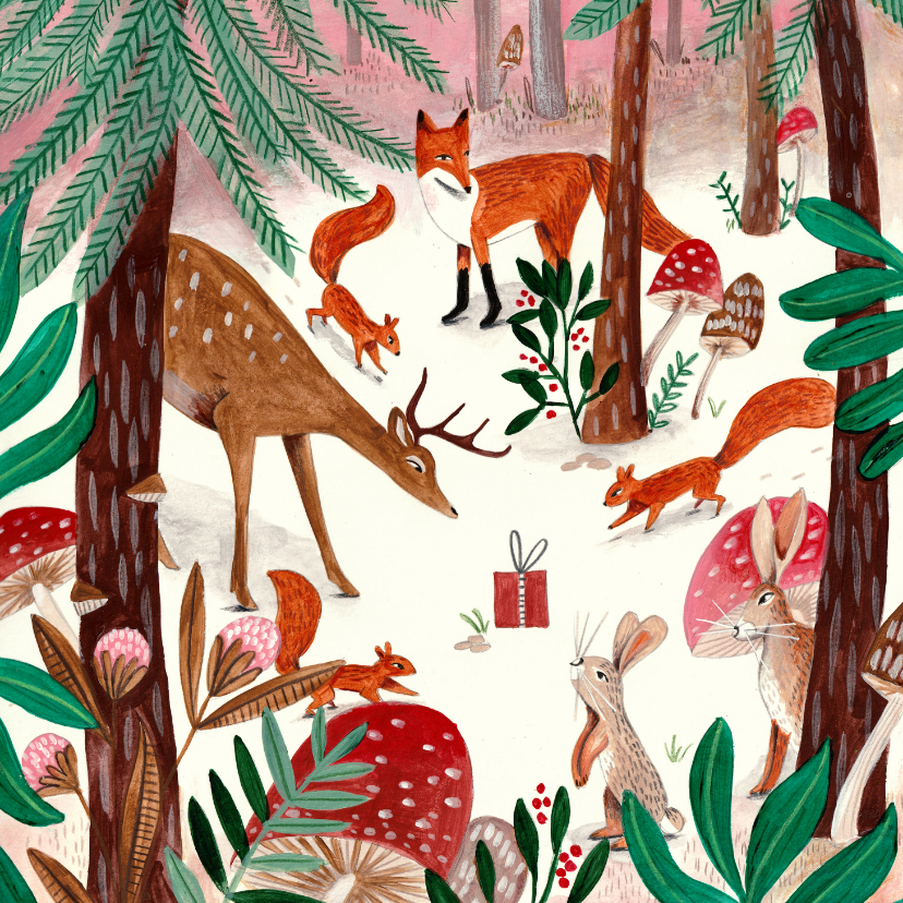 Wenskaarten - Kinderkaart met dieren in een winter bos