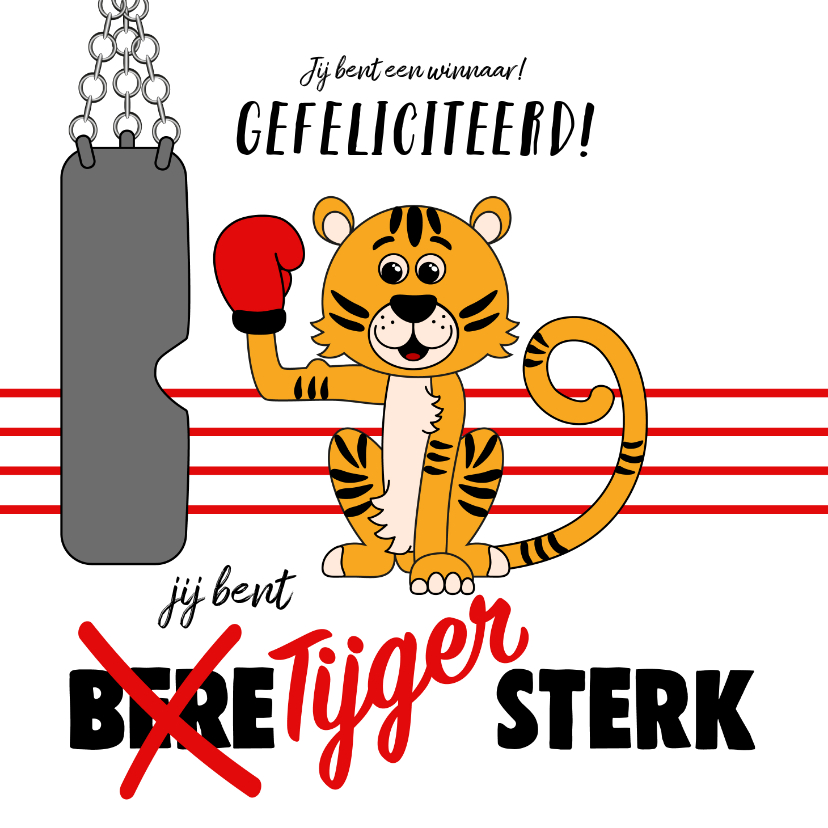 Wenskaarten - Kinderkaart met een tijger met een bokshandschoen