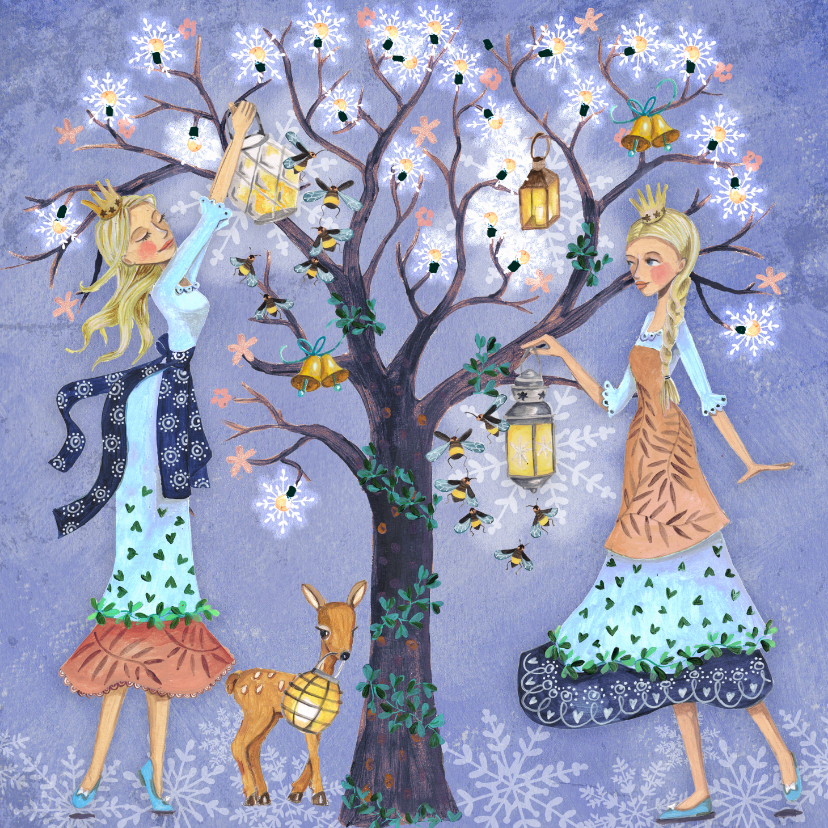 Wenskaarten - Kinderkaart prinsessen met boom en elfen lichtjes.