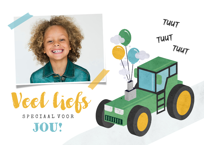 Wenskaarten - Kinderkaart veel liefs tractor foto ballonnen 