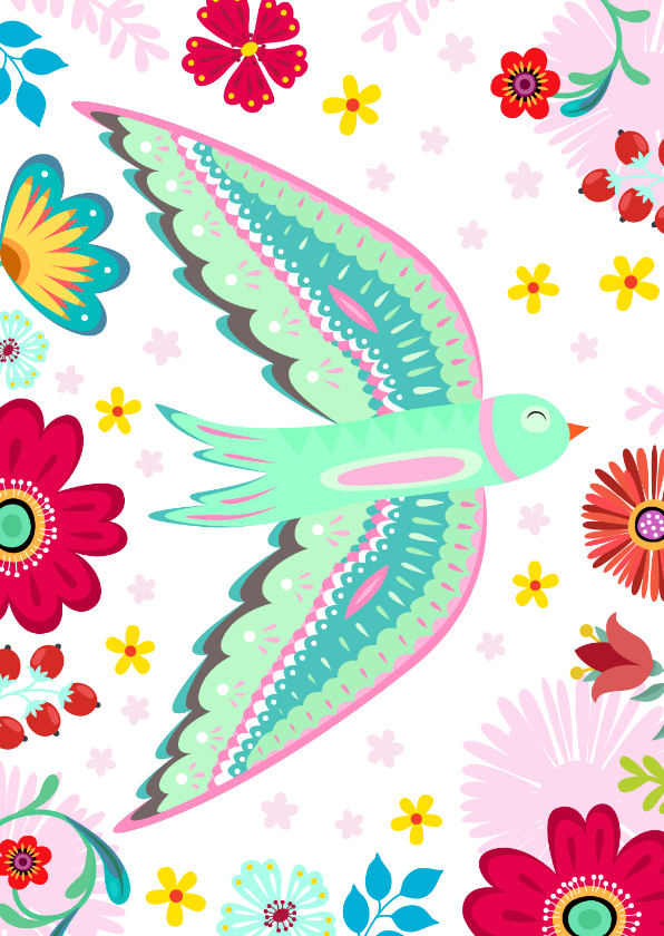 Wenskaarten - Kleurrijke dierenkaart met vogel en bloemen