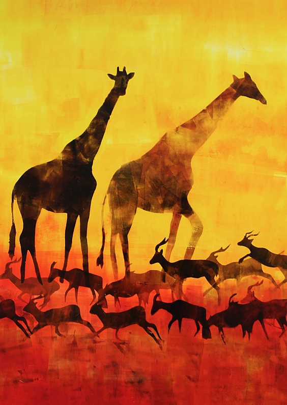 Wenskaarten - Kunstkaart giraffen en antilopes