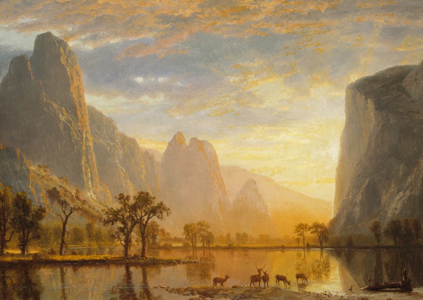 Kunstkaart van Albert Bierstadt. Vallei bij zonsondergang - Wenskaarten Wenskaarten - Kunstkaart van Albert Bierstadt. Vallei bij zonsondergang