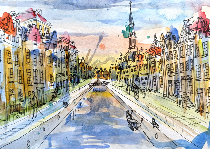 Wenskaarten - Kunstkaart van een vrolijke stadsgracht