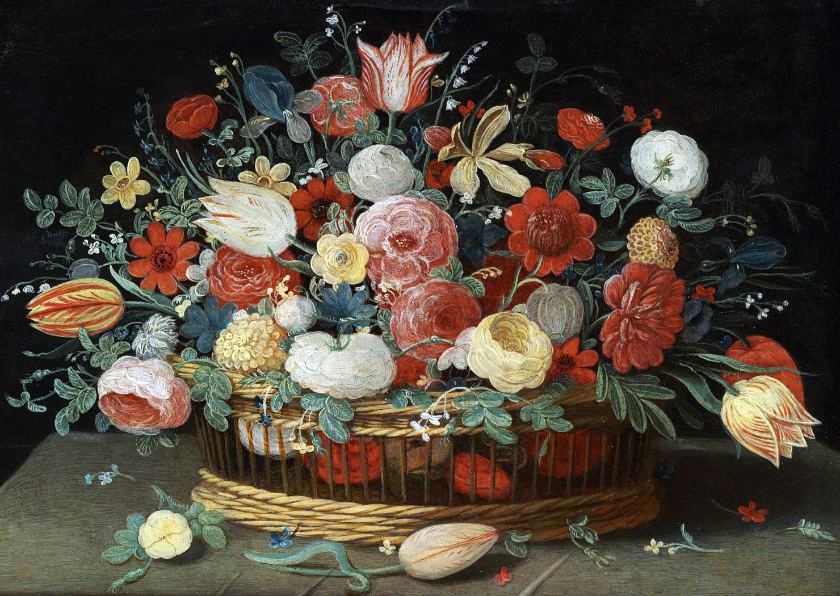 Wenskaarten - Kunstkaart van Jan van Kessel. Rozen, tulpen, irissen