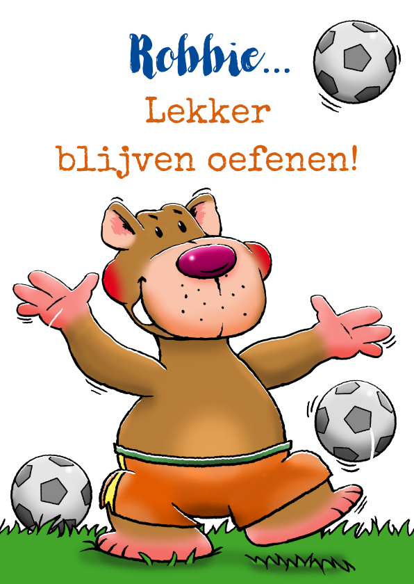 Wenskaarten - Leuke kinderkaart met grappig voetballend beertje