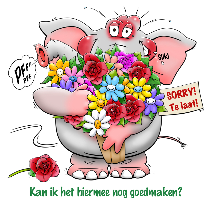Leuke olifant met grote bos bloemen om het goed te maken - Wenskaarten Wenskaarten - Leuke olifant met grote bos bloemen om het goed te maken