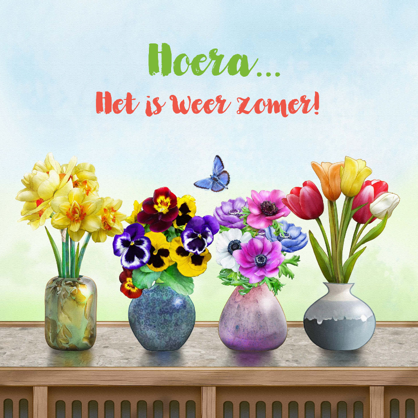 Liefdevolle bloemenkaart met 4 vaasjes met zomerbloemen - Wenskaarten Wenskaarten - Liefdevolle bloemenkaart met 4 vaasjes met zomerbloemen