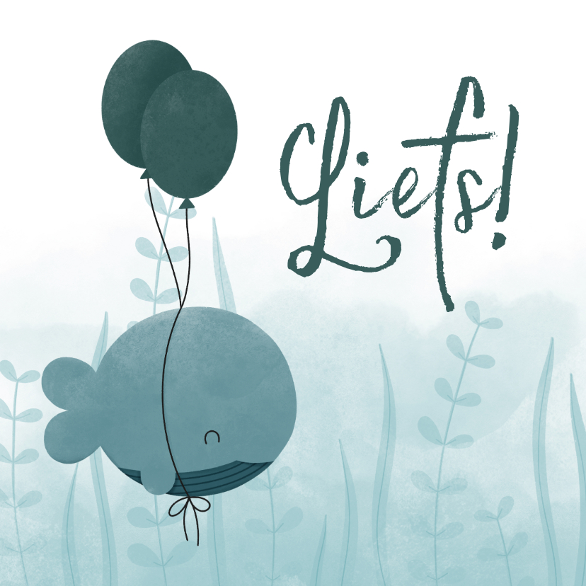 Liefs kaartje walvis met ballonnen en waterverf - Wenskaarten Wenskaarten - Liefs kaartje walvis met ballonnen en waterverf