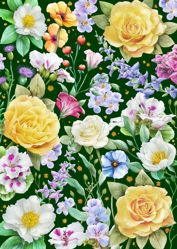 Wenskaarten - Mooie bloemenkaart met gele rozen en diverse andere bloemen