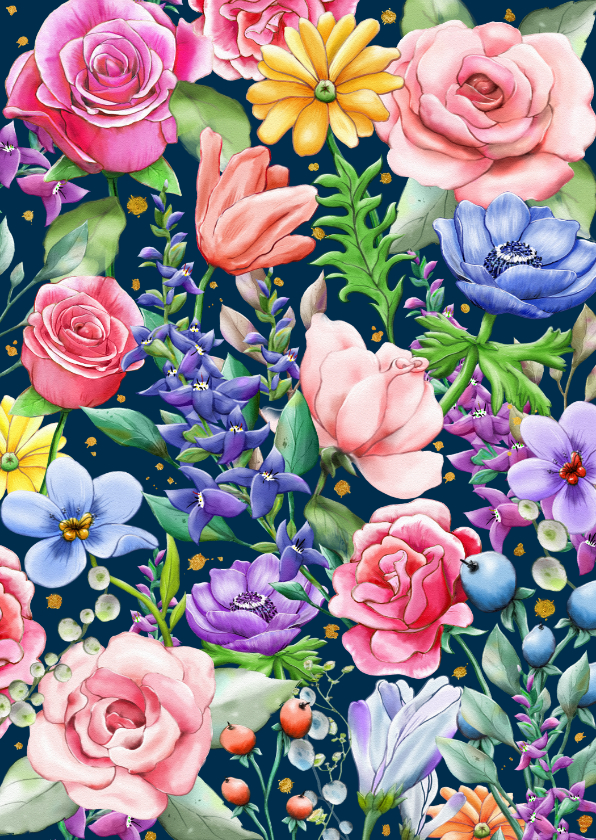Wenskaarten - Mooie bloemenkaart met rozen en diverse andere bloemen