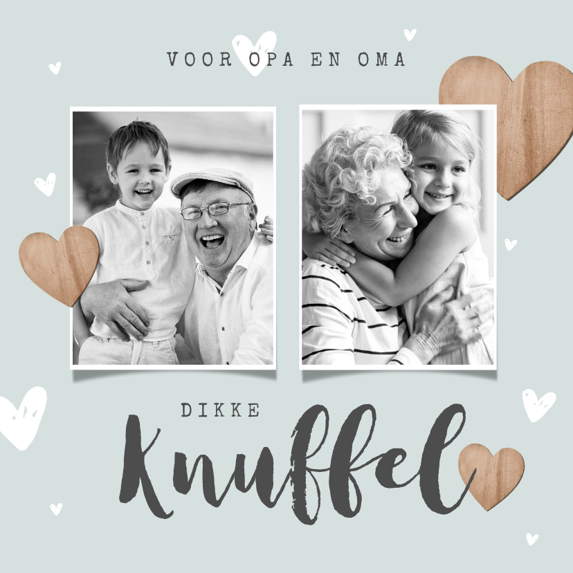 Wenskaarten - Opa en oma kaartje dikke knuffel houten hartjes en foto's
