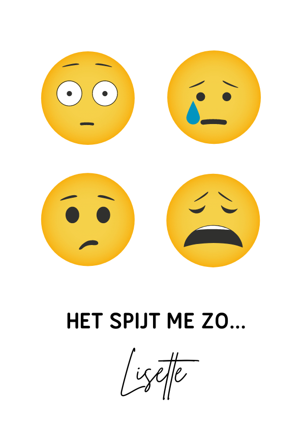 Wenskaarten - Sorry kaart met 4 verdrietige emoji smileys erop