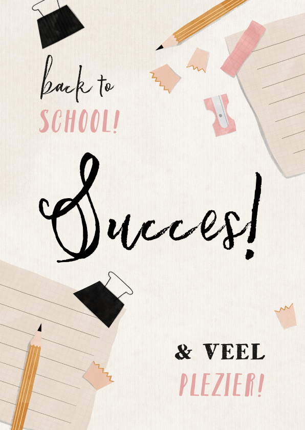 Succes kaart met potlood, schriftje en puntenslijper - Wenskaarten Wenskaarten - Succes kaart met potlood, schriftje en puntenslijper