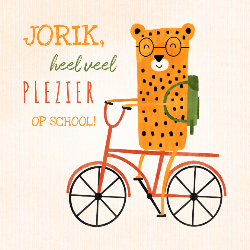 Wenskaarten - Succes kaart school met luipaardje op rode fiets