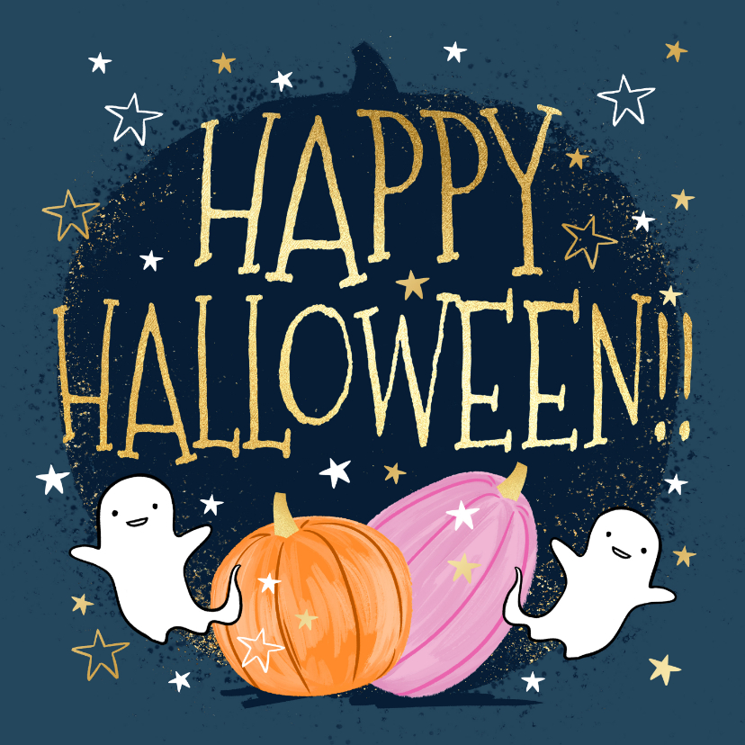 Trendy kaart Halloween pompoen goud spookjes sterren - Wenskaarten Wenskaarten - Trendy kaart Halloween pompoen goud spookjes sterren