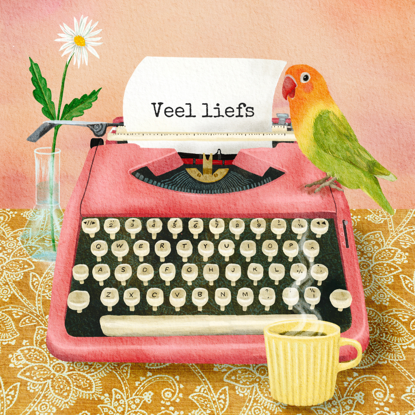Veel liefs illustratie van een typemachine met brief - Wenskaarten Wenskaarten - Veel liefs illustratie van een typemachine met brief