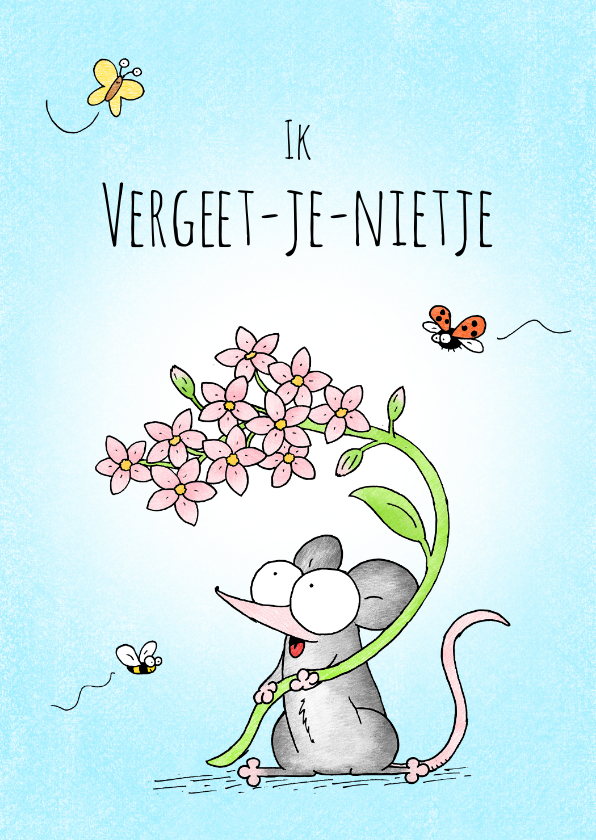 Wenskaarten - Vriendschap kaart met een muisje met roze vergeet-me-nietjes