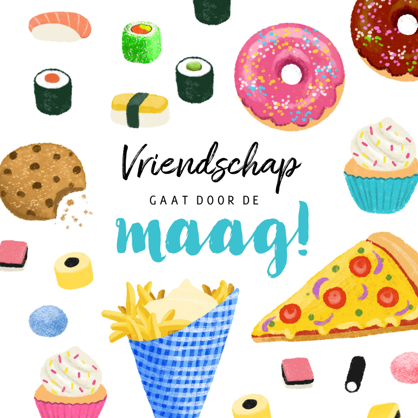 Wenskaarten - Vriendschap kaart met lekker eten sushi donuts cupcakes 