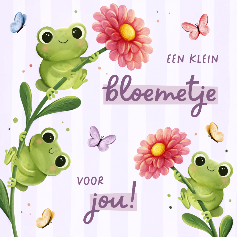 Wenskaarten - Vrolijk wenskaartje met bloemen kikkers en vlindertjes