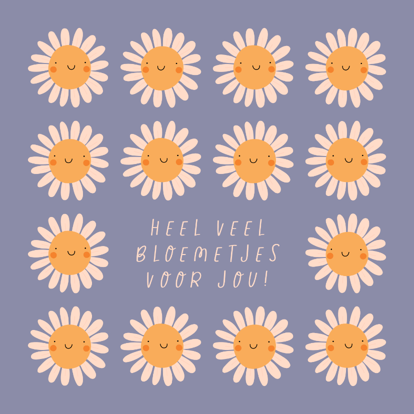 Vrolijk wenskaartje met smiley bloemen - Wenskaarten Wenskaarten - Vrolijk wenskaartje met smiley bloemen