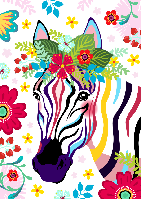 Wenskaarten - Vrolijke hippe verjaardagskaart zebra met bloemen.