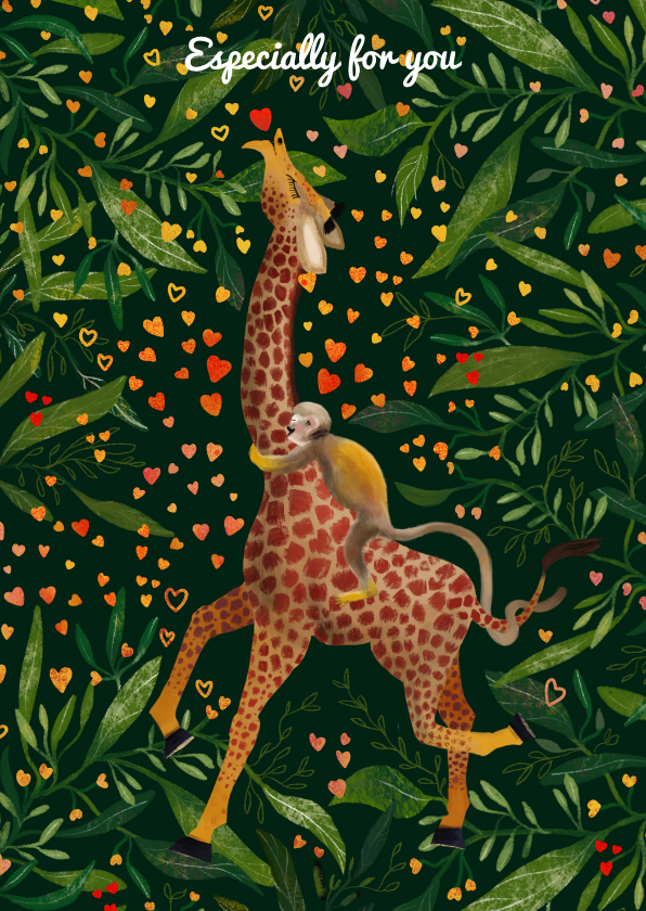 Wenskaarten - Vrolijke kaart met giraffe en aapje