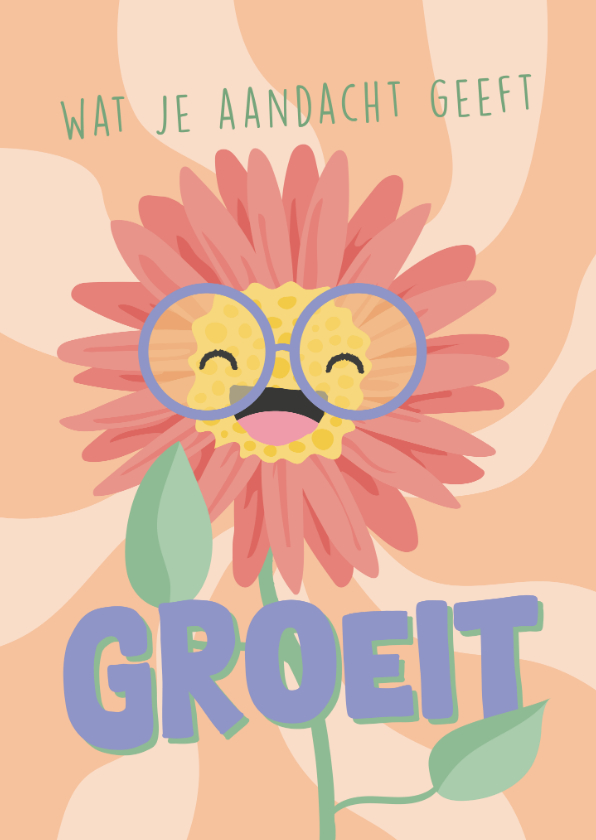 Wenskaarten - Vrolijke kaart met illustratie van een lachende zonnebloem