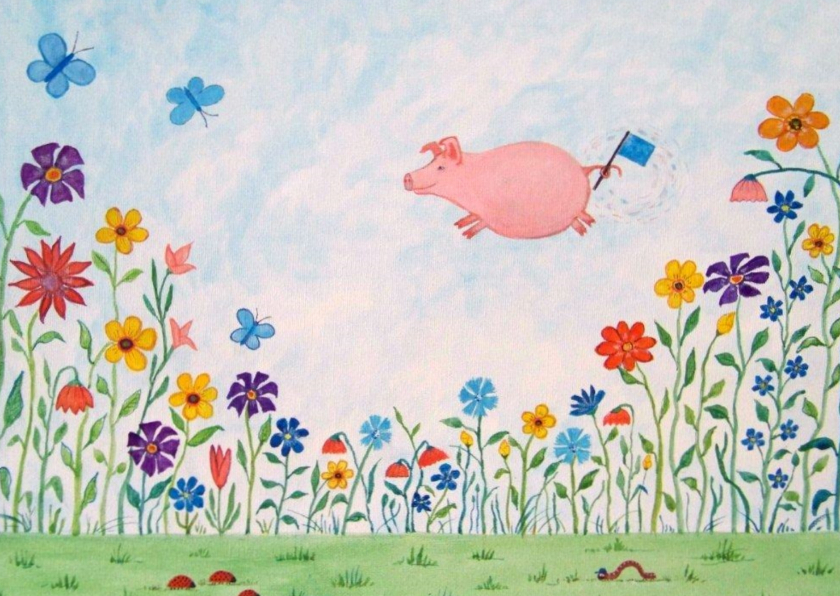 Vrolijke kinderkaart met een springende varken in de wei - Wenskaarten Wenskaarten - Vrolijke kinderkaart met een springende varken in de wei