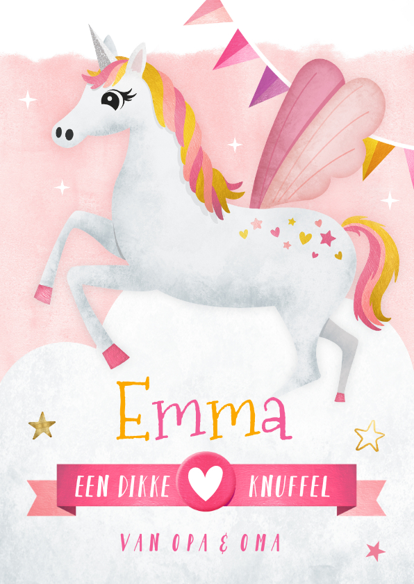 Vrolijke roze kinderkaart met eenhoorn voor een meisje - Wenskaarten Wenskaarten - Vrolijke roze kinderkaart met eenhoorn voor een meisje
