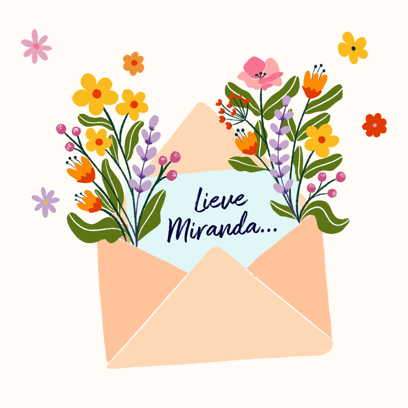 Vrolijke wenskaart met envelop met bloemen - Wenskaarten Wenskaarten - Vrolijke wenskaart met envelop met bloemen