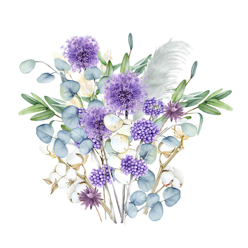 Wenskaarten - Wenskaart Bloemen in paars met eucalyptus