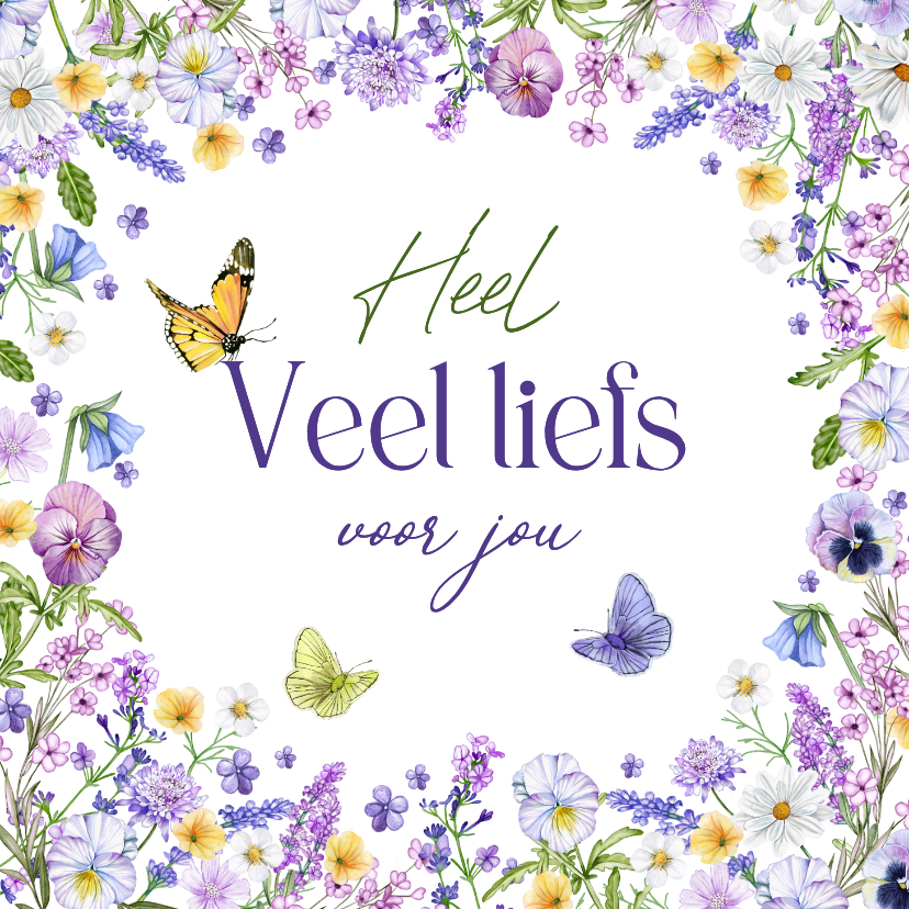 Wenskaarten - Wenskaart bloemenrand en vlinders