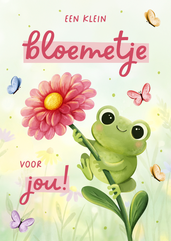 Wenskaarten - Wenskaart bloemetje met kikker en vlindertjes