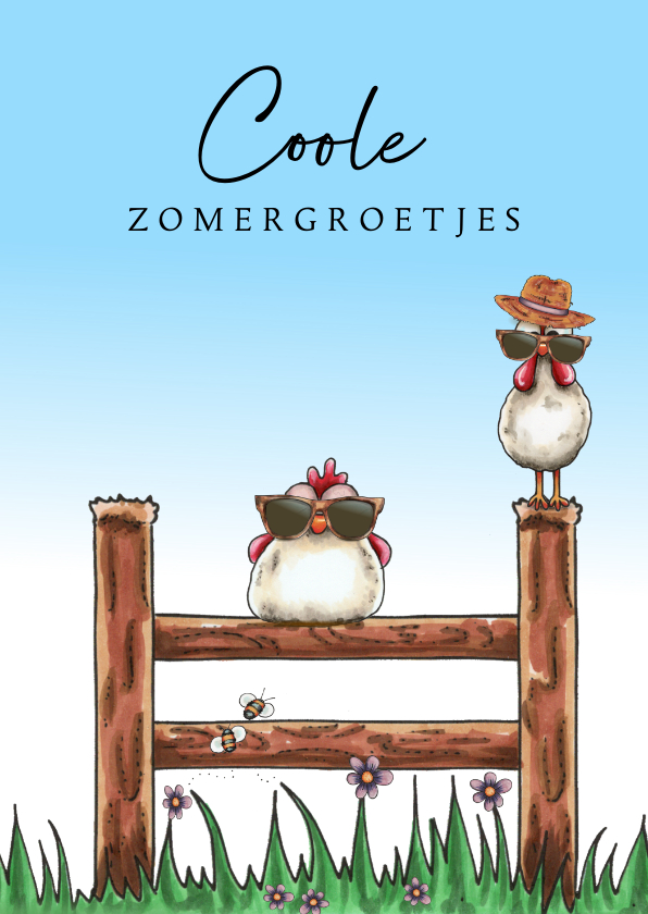 Wenskaart coole zomer groetjes kip - Wenskaarten Wenskaarten - Wenskaart coole zomer groetjes kip