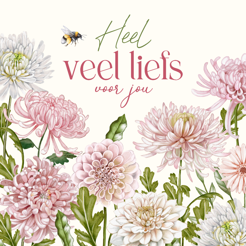Wenskaarten - Wenskaart dahliabloemen met hommel