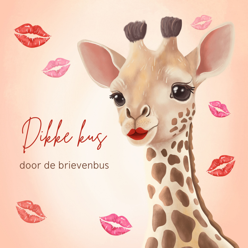 Wenskaarten - Wenskaart een kus door de brievenbus giraf met zoen