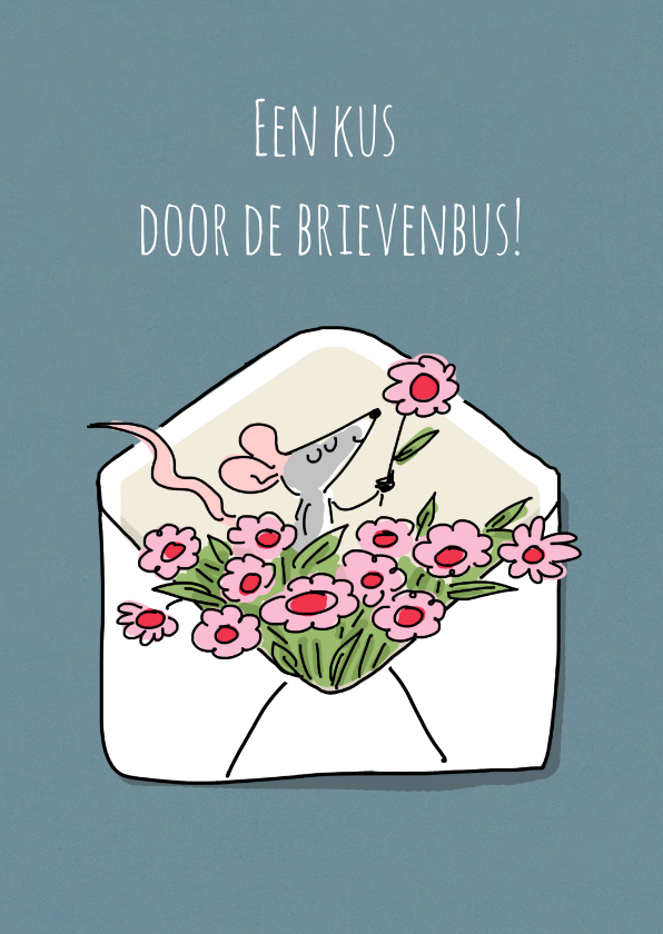 Wenskaart een kus door de brievenbus met muis en bloemen - Wenskaarten Wenskaarten - Wenskaart een kus door de brievenbus met muis en bloemen