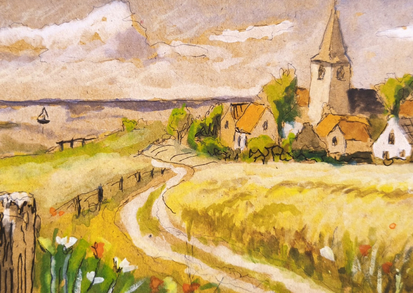 Wenskaart geschilderd landschap met dorpje - Wenskaarten Wenskaarten - Wenskaart geschilderd landschap met dorpje