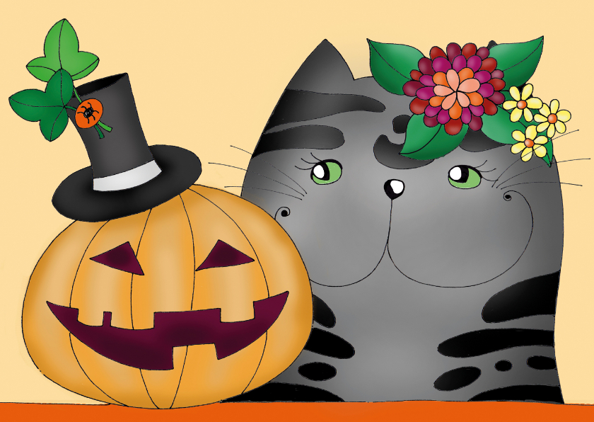 Wenskaarten - Wenskaart Halloween kat en pompoen met hoedje 