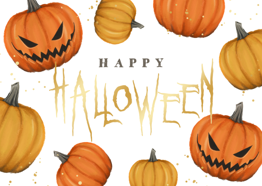 Wenskaart Happy Halloween pompoenen griezelig goud - Wenskaarten Wenskaarten - Wenskaart Happy Halloween pompoenen griezelig goud